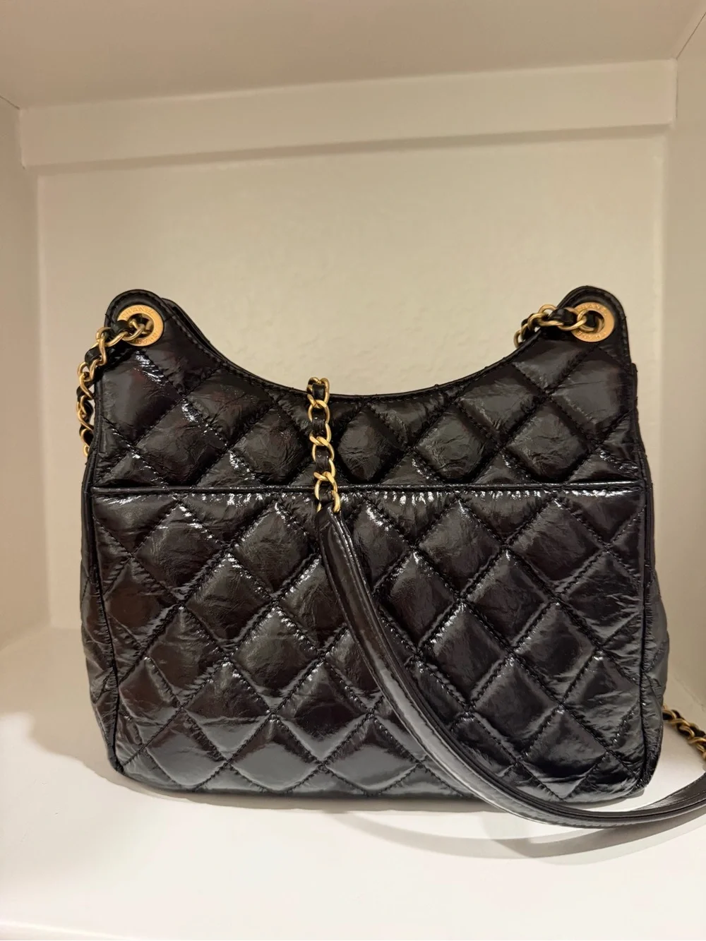 Chanel Shiny Crumpled Calfskin Quilted Wavy CC Hobo Black bag
